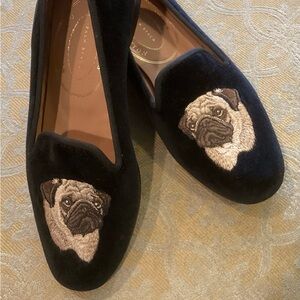 Stubbs & Wootton black velvet loafers flats Pug Dogs Size 5.5 Palm Beach Pugs